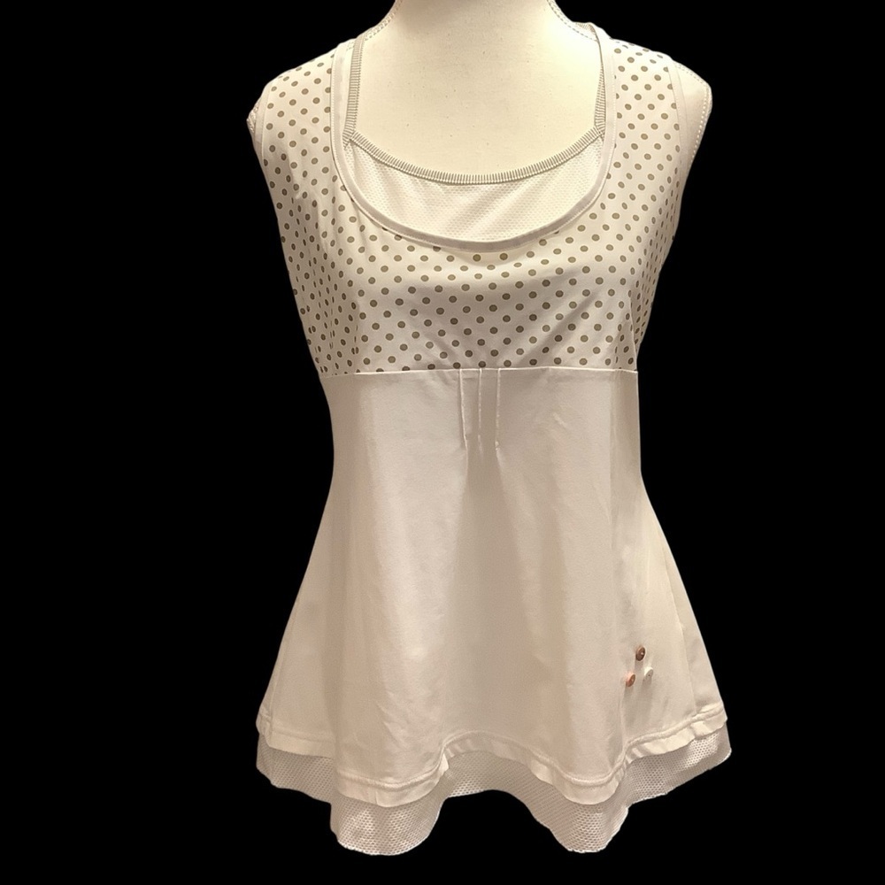 Dolcezza White & Olive Green Polka Dot Mesh Details Tank Top Stretch Size L